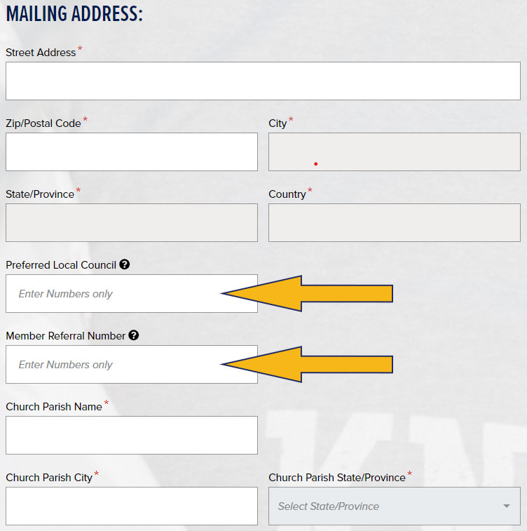 Sample portion of Knights of Columbus signup form